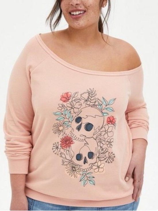 torrid Sweaters - Torrid Peach Off-Shoulder Sweater with Floral Skull Graphic Sz 00